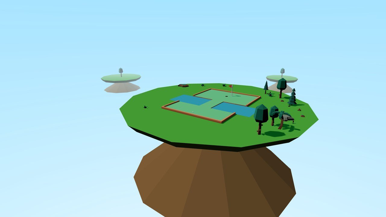 A floating island mini-golf hole with water hazards